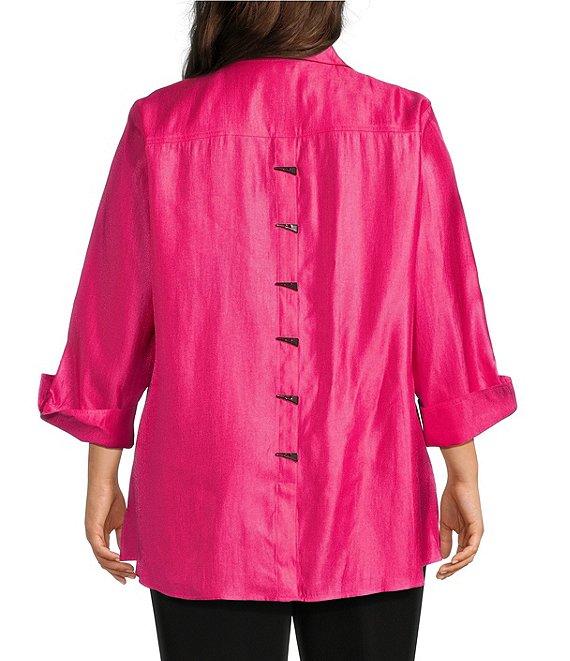 Multiples Plus Size Shimmer Woven Printed Point Collar 3/4 Turn Up Cuff Sleeve Hi-Low Hem Button Front Shirt Product Image