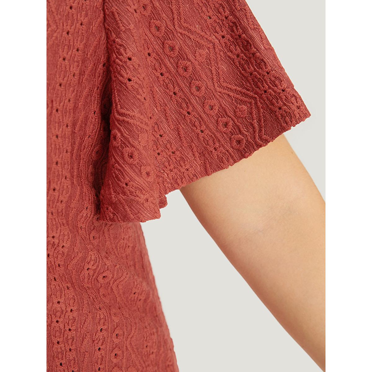 Plus Size Embroidered Button Detail Crew Neck Flutter Sleeve T-shirt Rust Women Elegant Texture Plain Round Neck Dailywear T-shirts BloomChic 18-20/2X Product Image