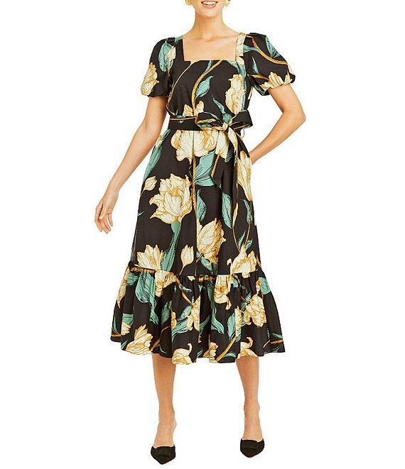 Mestiza New York Jasmine Linen Floral Print Square Neck Puff Sleeve Midi A-Line Dress Product Image