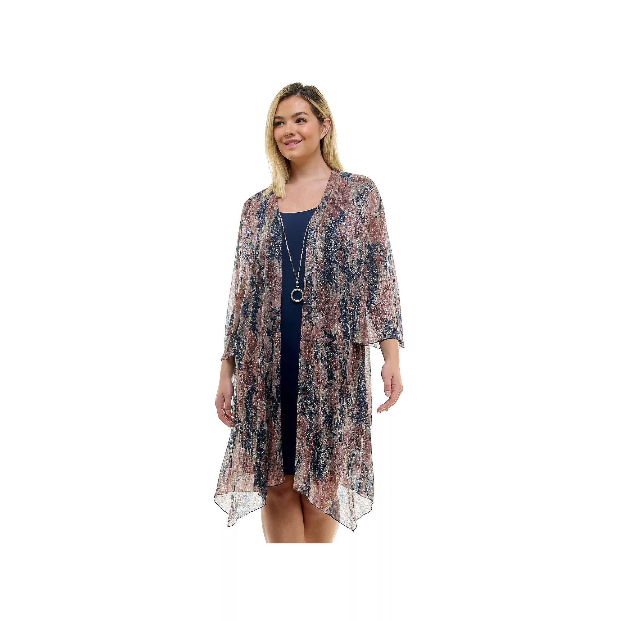 Plus Size Luxology 3-Piece Jacket & Shift Dress with Necklace, Womens Navy Brown Blush Product Image