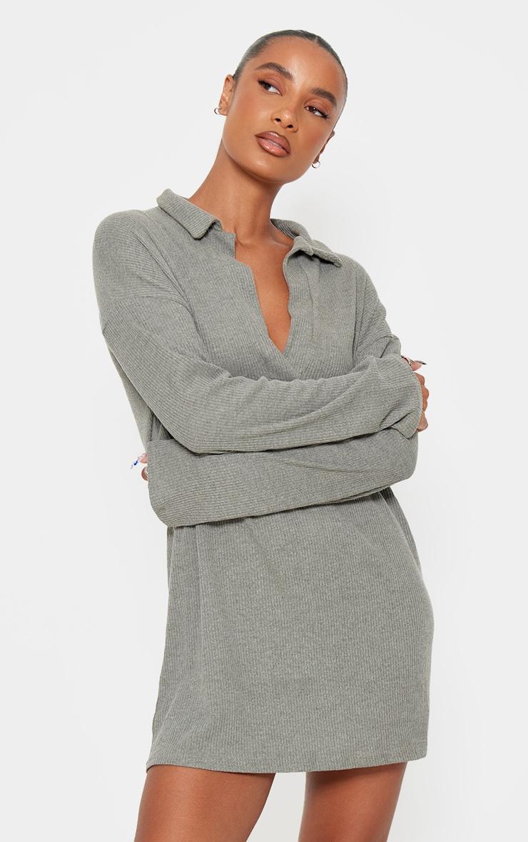 Sage Khaki Rib V Neck Oversized Sweater Dress Product Image