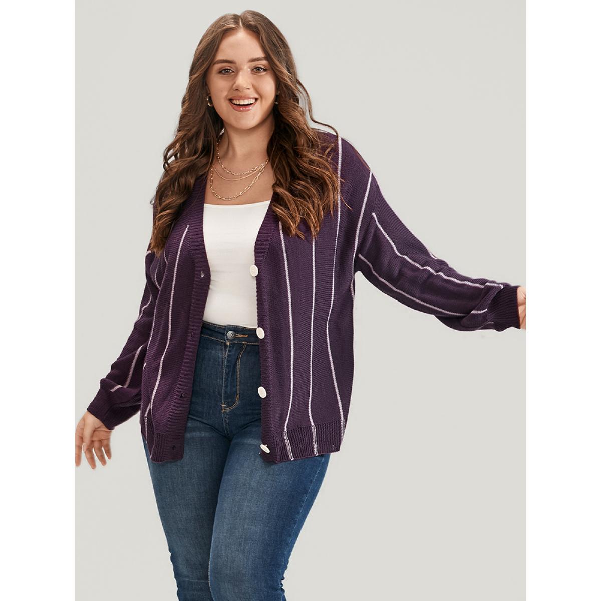 Plus Size Vertical Striped Contrast Pointelle Knit Lantern Sleeve Button Front Cardigan Eggplant Women Casual Loose Long Sleeve Dailywear Cardigans BloomChic 12/L Product Image