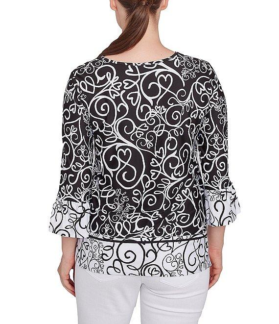 Ruby Rd. Petite Size Whirlwind Heart Border Print Knit Sweetheart Neck 3/4 Sleeve Top Product Image