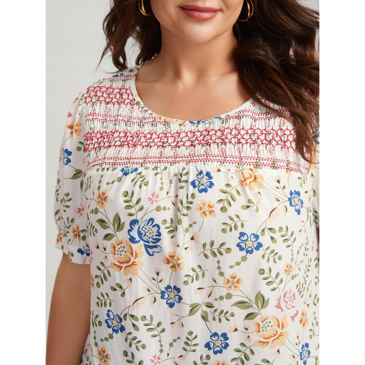 Plus Size Multicolor Floral Print Shirred Neck Blouse Women Short sleeve Round Neck Everyday-Elegant Blouses BloomChic 14-16/1X Product Image