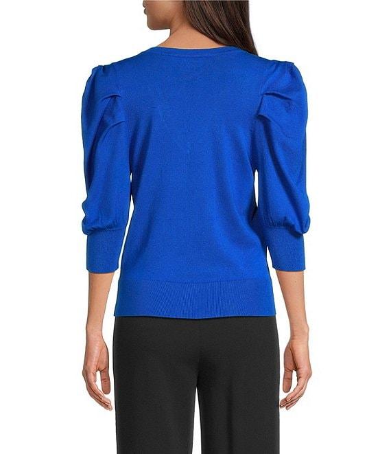 DKNY by Donna Karan Short Pleated Puffed Elbow Sleeve V-Neck Knit Top Product Image
