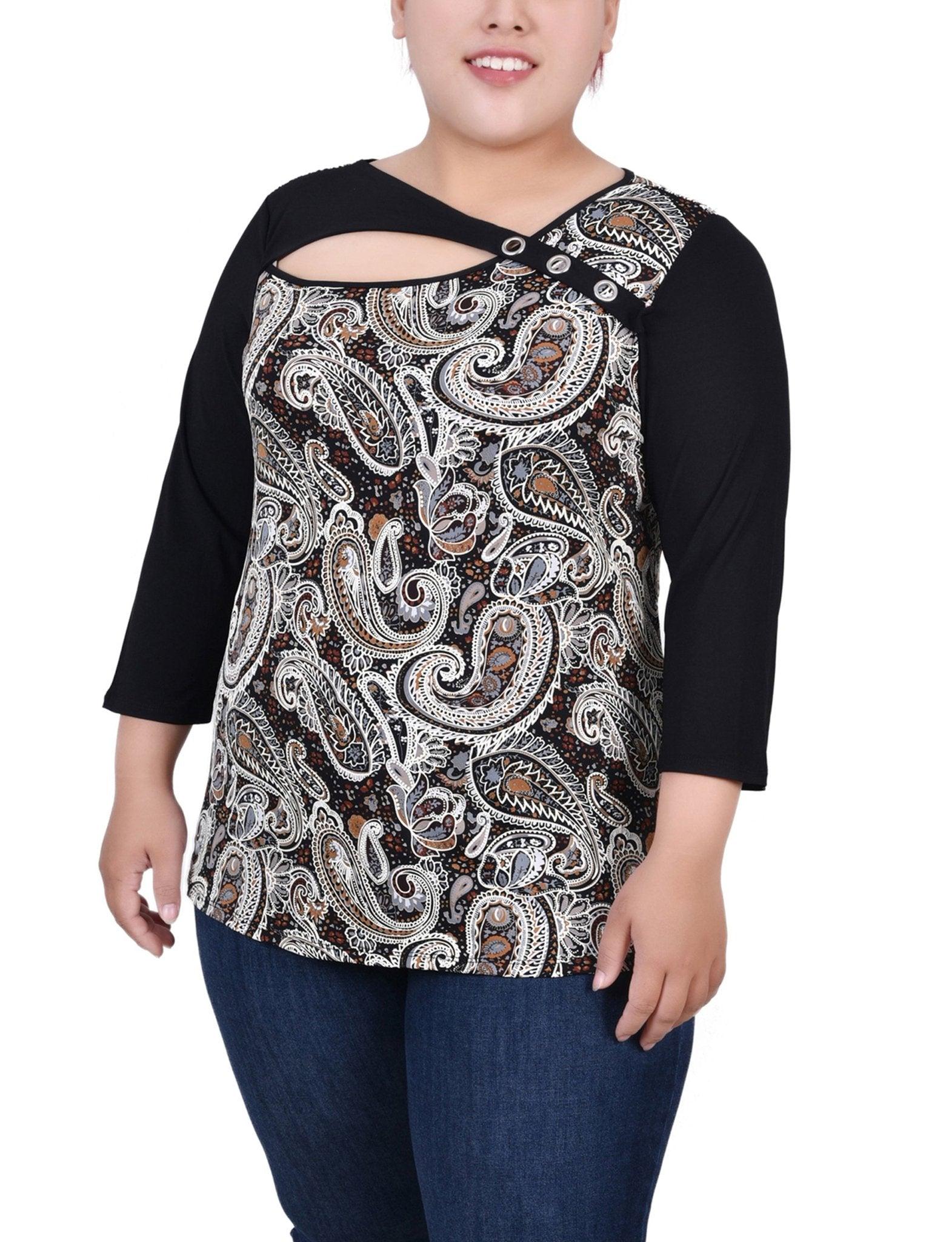 Brown Paisley 3/4 Sleeve Blouse With Necklace - Petite Product Image