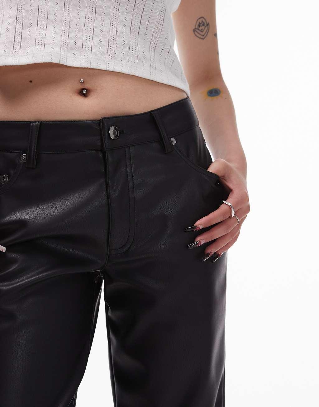 Topshop Petite ankle grazer straight leg faux leather pants in black Product Image