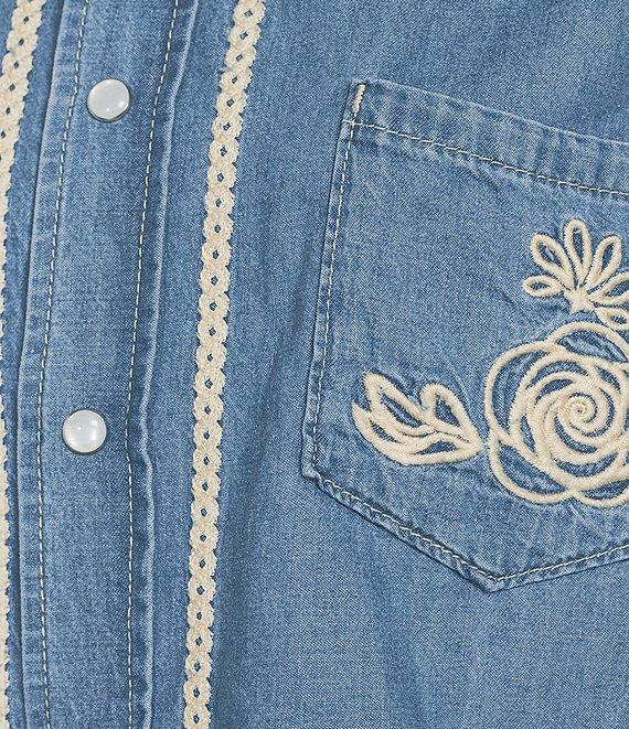 Driftwood Denim Point Collar Long Sleeve Embroidered Floral Applique Shirt Product Image