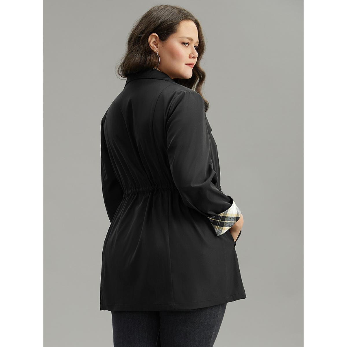 Plus Size Wind-Resistant Plaid Patchwork Drawstring Zipper Coat Women Black Contrast Pocket Dailywear Jackets BloomChic 10/M Product Image
