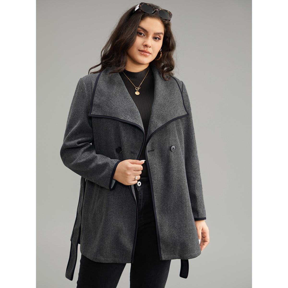 Plus Size Lapel Collar Contrast Trim Belted Button Up Coat Women DimGray Casual Belted Ladies Dailywear Winter Coats BloomChic 30/6X Product Image