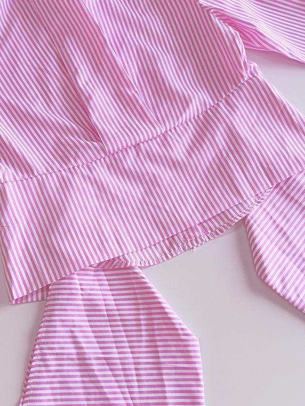 Long Sleeves Loose Asymmetric Split-Joint Striped Lapel Blouses Product Image