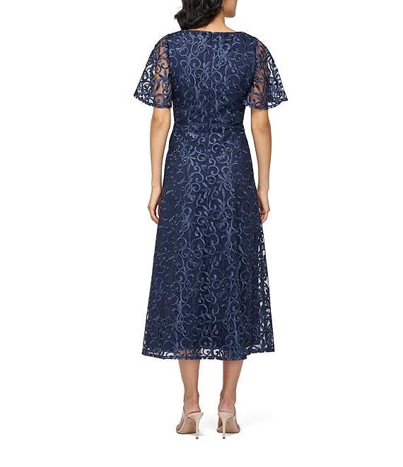 JS Collections Jess V-Neck Illusion Flutter Sleeve Embroidered Mesh A-Line Midi Dress Product Image