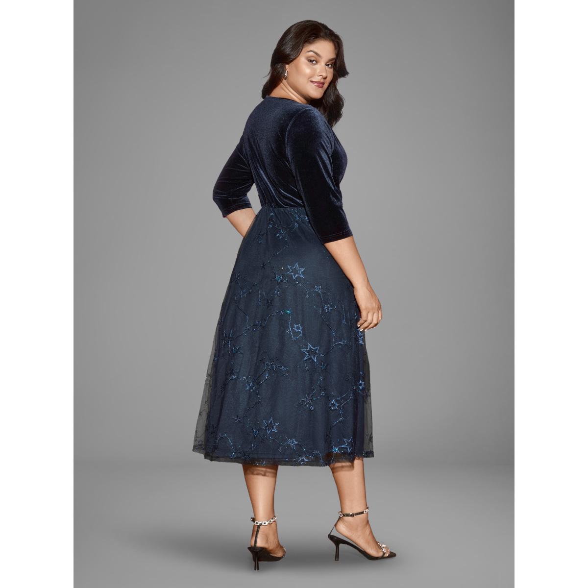 Plus Size Velvet Star Mesh Surplice Neckline Midi Dress DarkBlue Women Cocktail Texture Party Curvy Bloomchic 22-24/3X Product Image