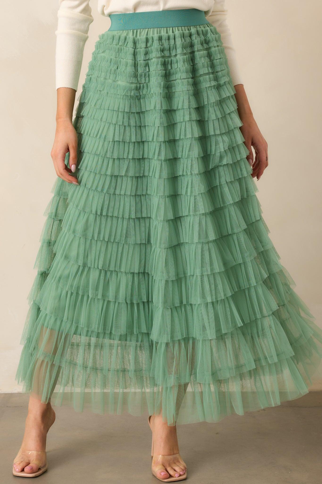 Garden Gathering Sage Tiered Ruffle Tulle Maxi Skirt Product Image