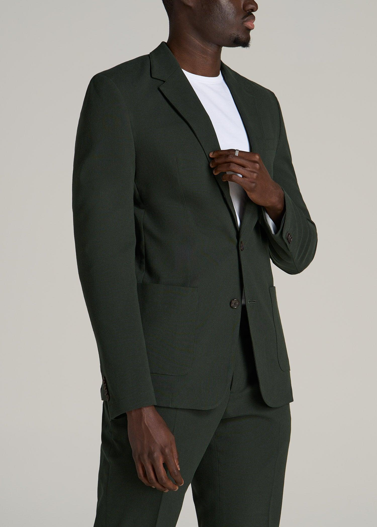 Textured Garment Washed Stretch Cotton Blazer for Tall Men in Dark Olive Green Male Product Image