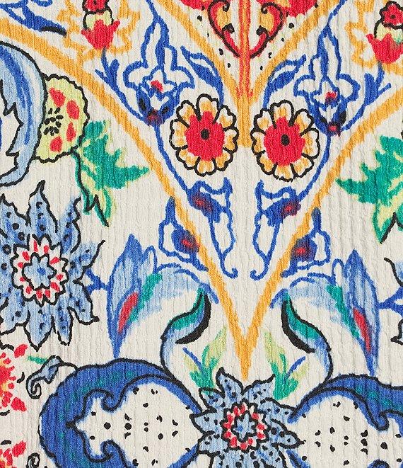 Calessa Plus Size Textured Crinkle Knit Florentine Mosaic Print Banded Split V-Neck 3/4 Balloon Sleeve Tunic Product Image