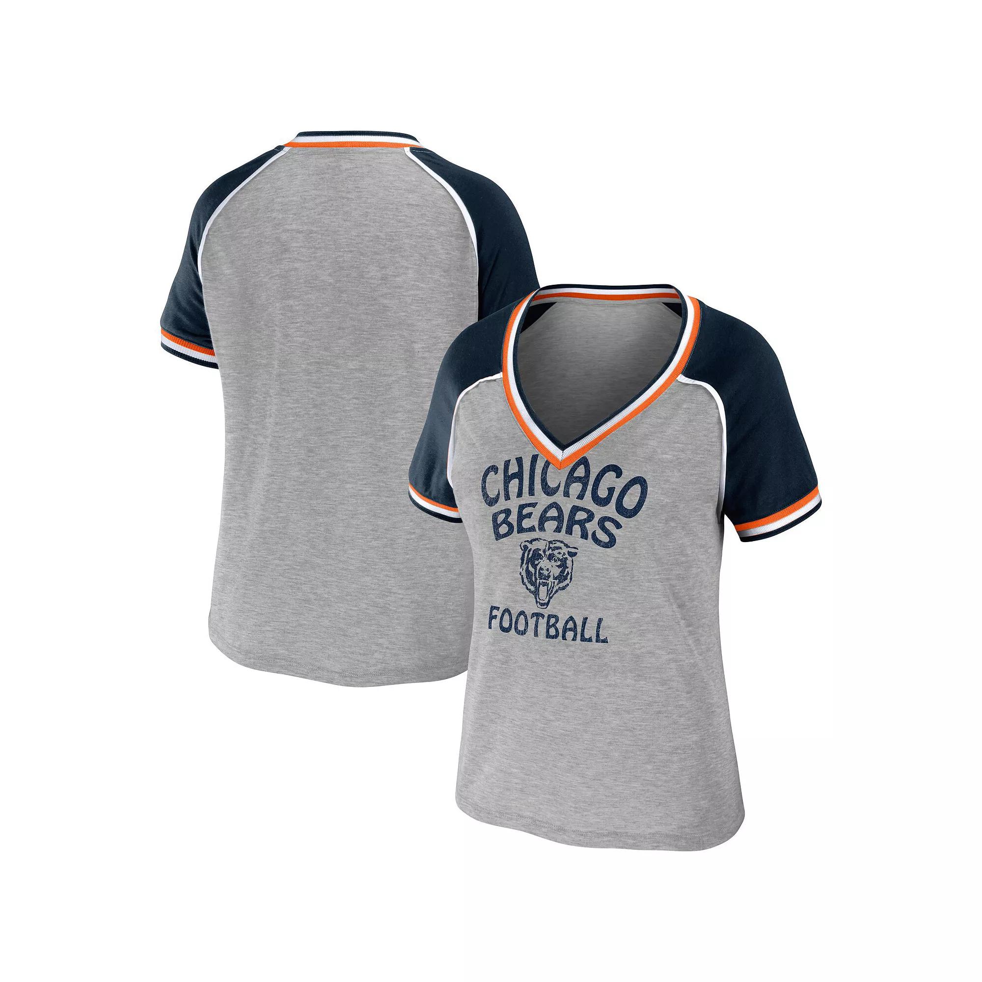 Women's WEAR by Erin Andrews Heather Gray Chicago Bears Throwback Raglan V-Neck T-Shirt, Size: Small, Grey Product Image