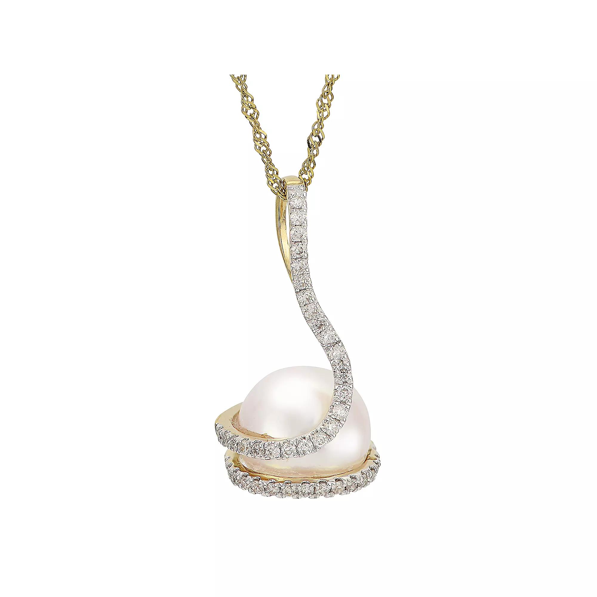 PearLustre by Imperial 14k Gold Cultured Pearl and 1/5 Carat T.W. Diamond Swirl Pendant, Womens Product Image