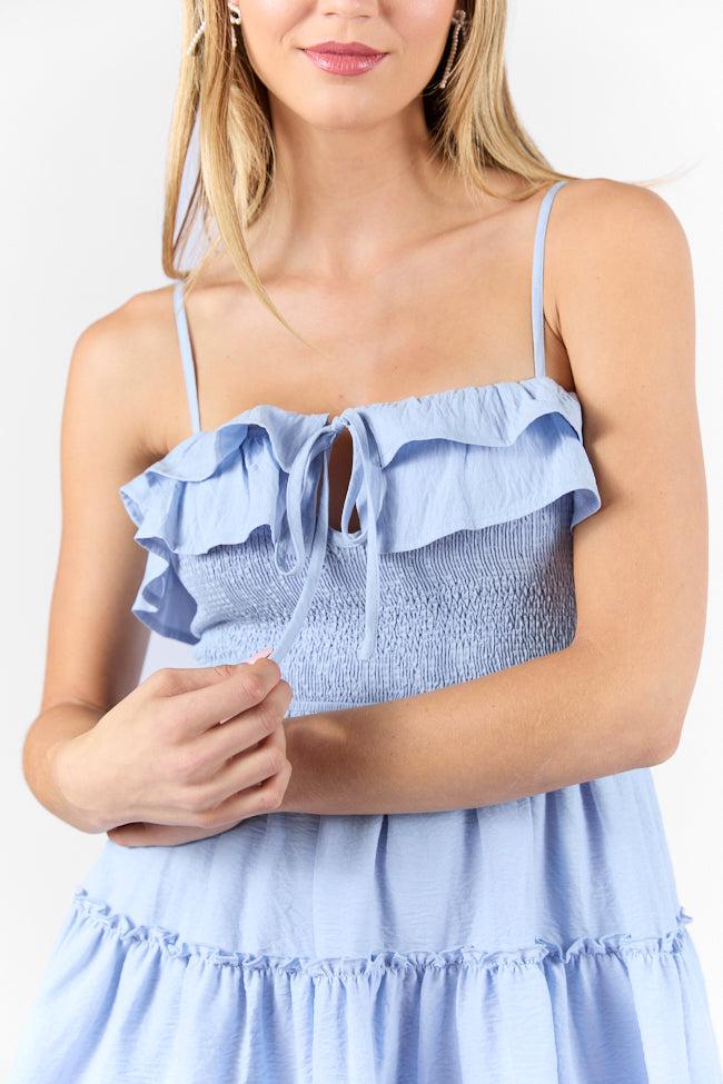 Keep My Promises Light Blue Smocked & Ruffle Detail Dress SALE Product Image
