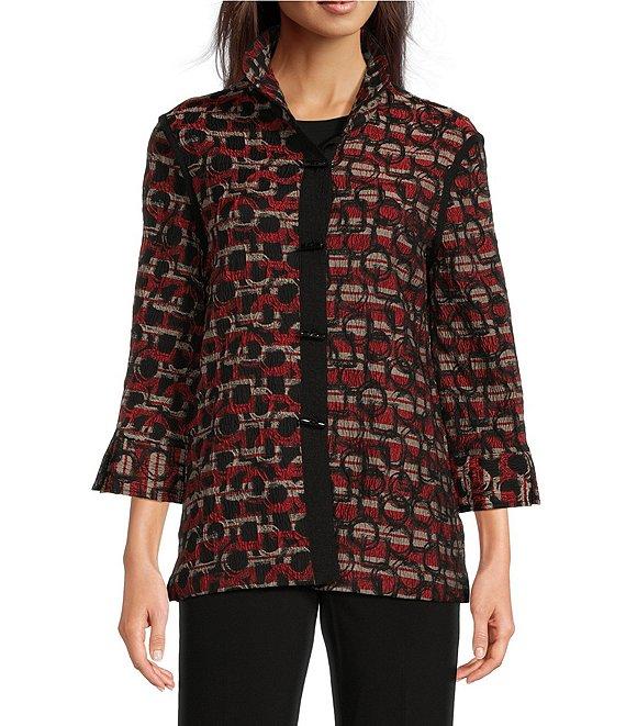 Ali Miles Jacquard Woven Printed Wire Collar 3/4 Sleeve Button Front Jacket Product Image