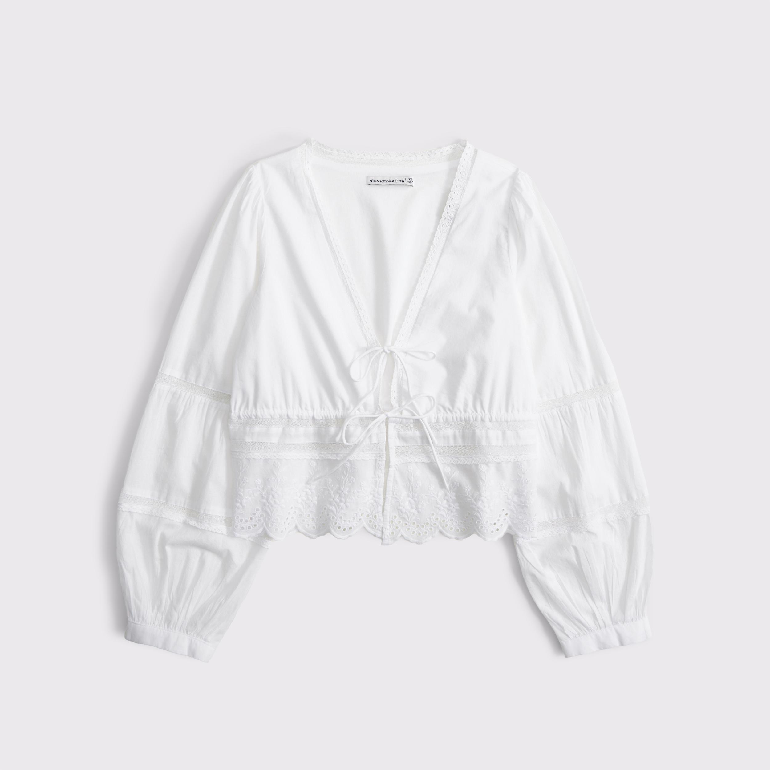 Long-Sleeve Lace Tie-Front Top Product Image