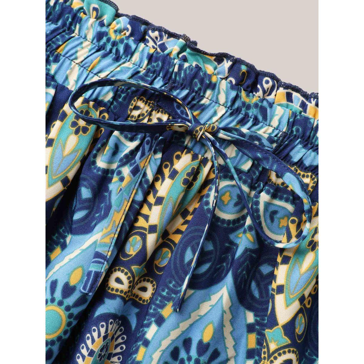 Plus Size Bohemian Floral Print Pleated Maxi Skirt Women Cerulean Resort Pleated Low stretch Slanted pocket Vacation Skirts BloomChic 30/6X Product Image