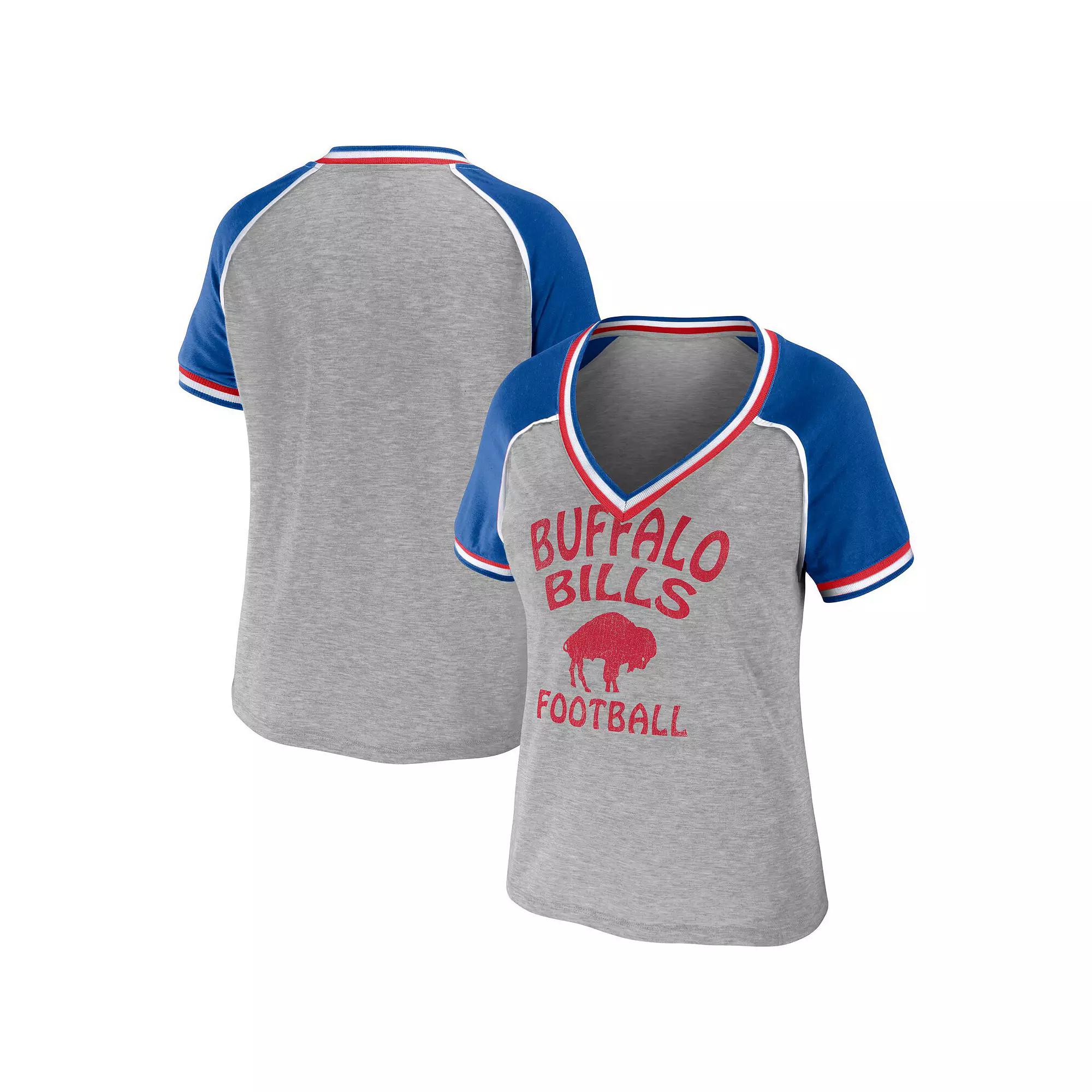 Women's WEAR by Erin Andrews Heather Gray Buffalo Bills Throwback Raglan V-Neck T-Shirt, Size: Small, Grey Product Image