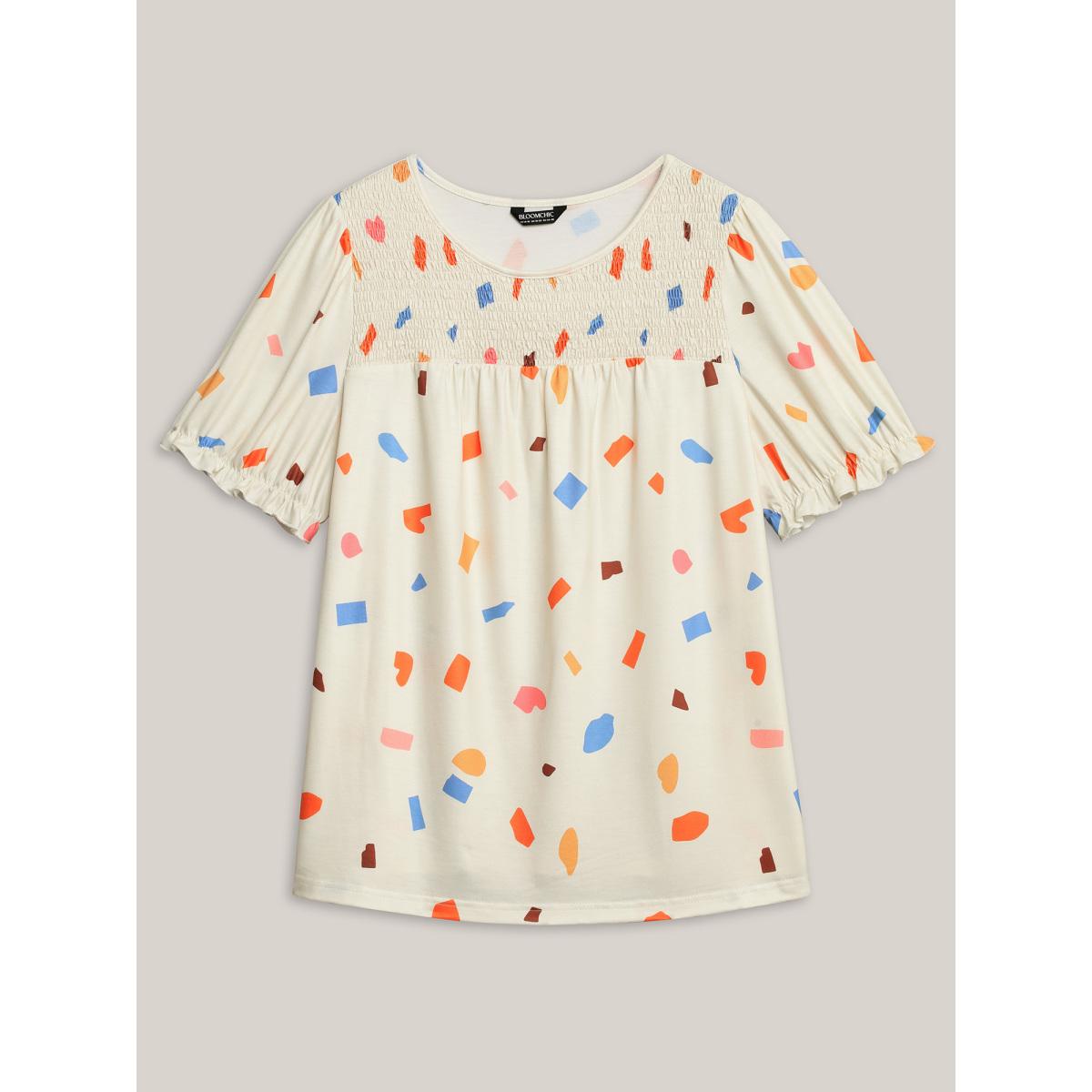 Plus Size Confetti Print Shirred Round Neck T-Shirt Multicolor Women Gathered Round Neck Everyday-Casual T-shirts BloomChic 18-20/2X Product Image