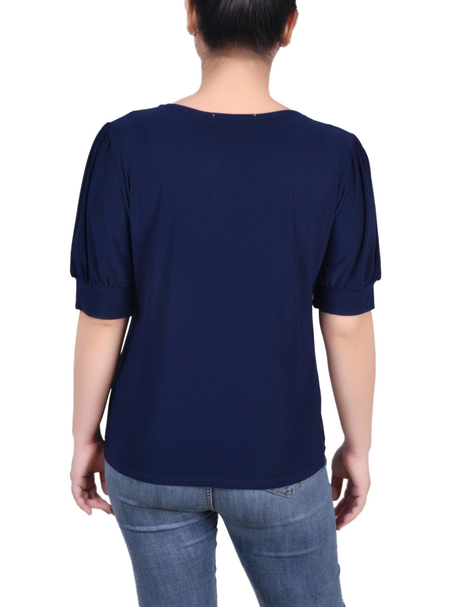 Navy Short Sleeve Balloon Sleeve Top With Hardware Product Image
