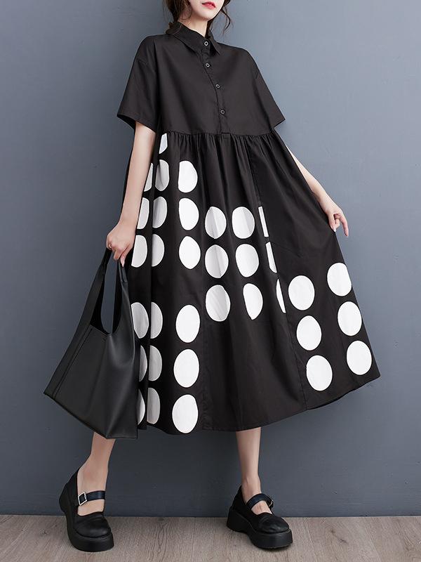 A-Line Loose Buttoned Pockets Polka Dot Printed Lapel Midi Dresses Product Image