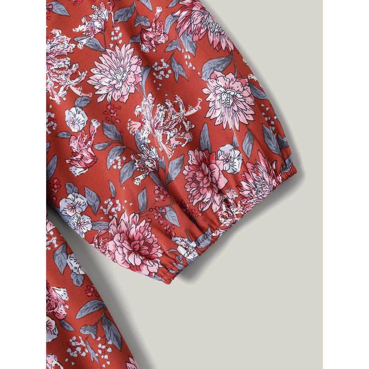 Plus Size Flirty Floral Print Shirred Pockets Midi Dress Scarlet Women Elegant Square Neck Elbow-length sleeve Curvy BloomChic 18-20/2X Product Image