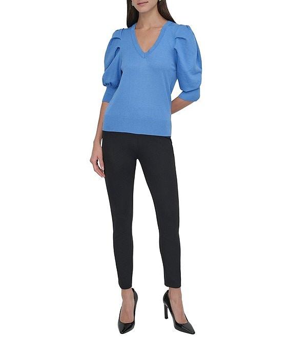 DKNY by Donna Karan Short Pleated Puffed Elbow Sleeve V-Neck Knit Top Product Image