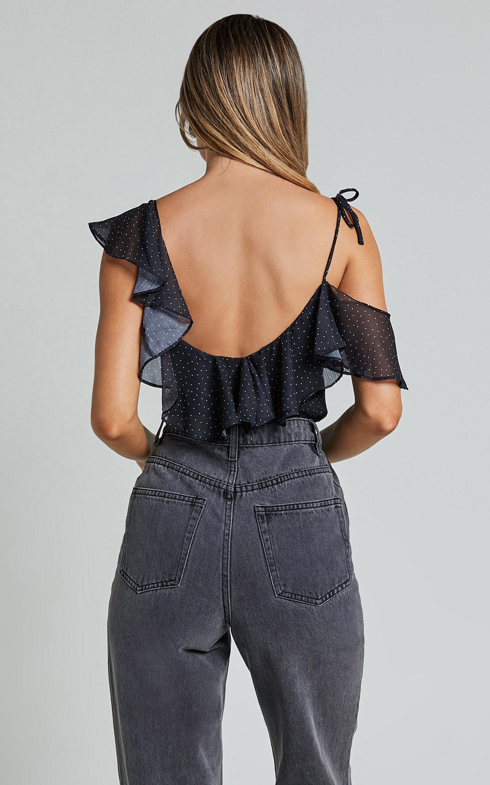 Chrislyn Top - Asymmetric Frill Top in Black Polka Product Image