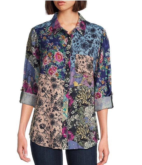 Tru Luxe Jeans Floral Patchwork Print Collared Neck Roll Tab Sleeve Top Product Image