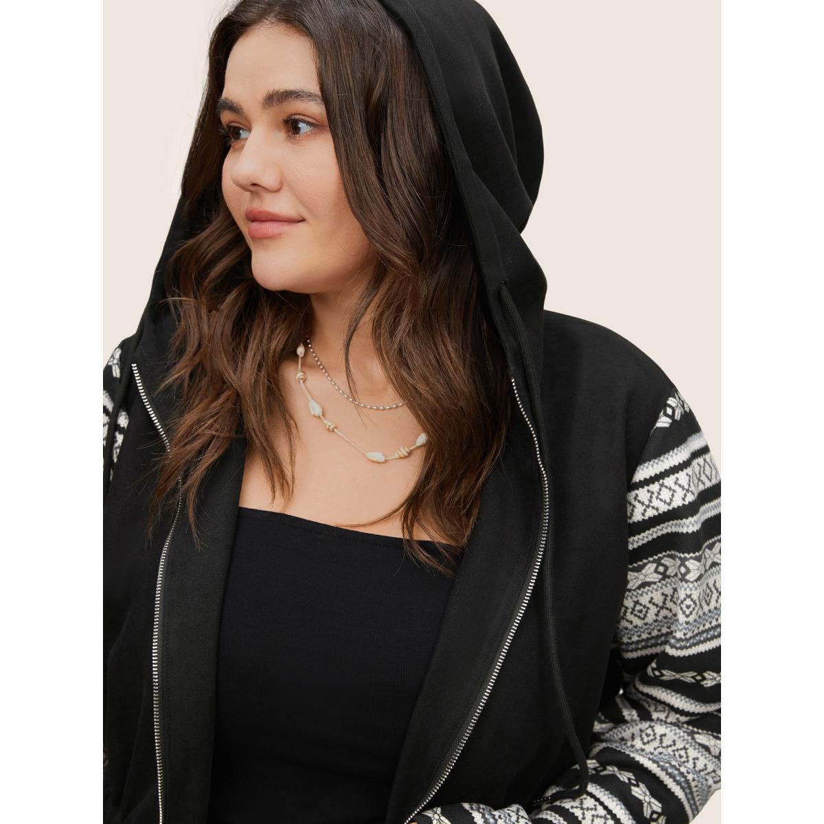 Plus Size Geometric Drawstring Patchwork Hooded Jacket Women Black Non Open pocket with flap Everyday Jackets BloomChic 18-20/2X Product Image