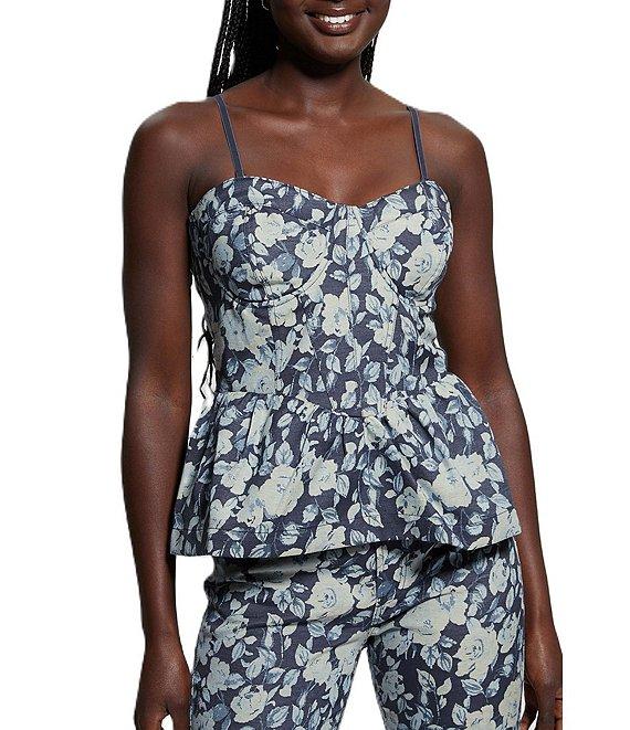 Guess Margaux Floral Print Smocked Back Peplum Corset Top Product Image