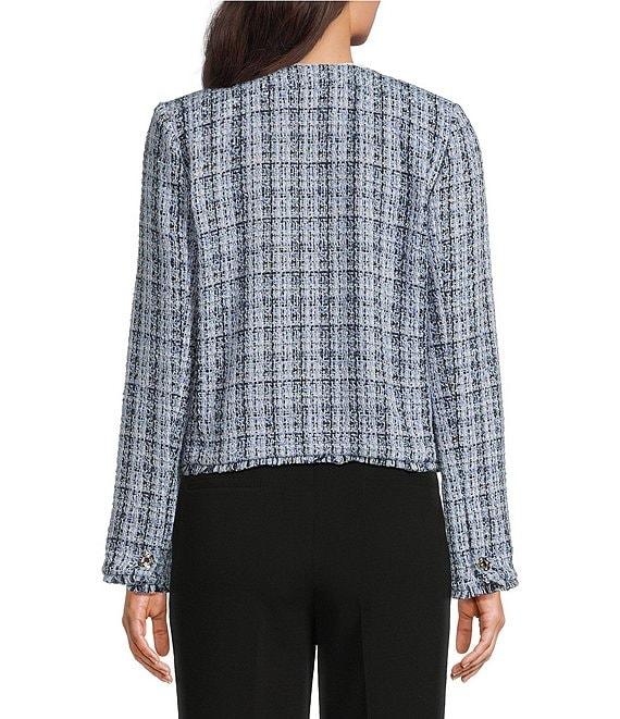KARL LAGERFELD PARIS Tweed #double;Karl#double; Logo Round Neck Long Sleeve Open-Front Jacket Product Image