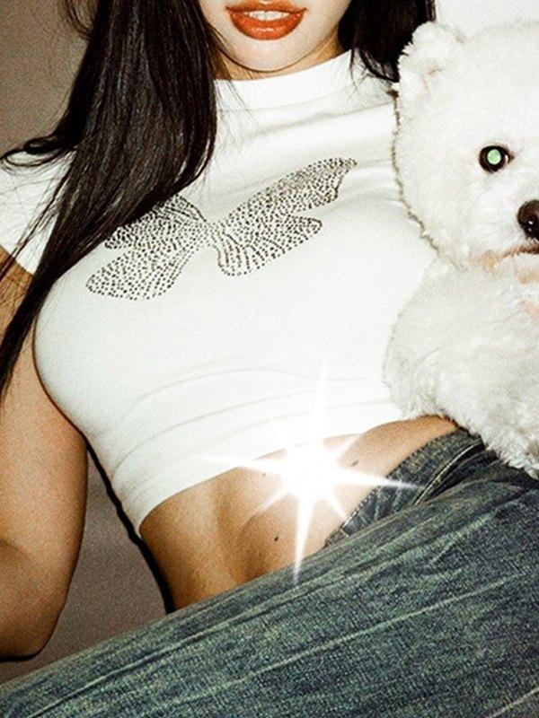 Butterfly Diamond Short Sleeve Crop Top Product Image
