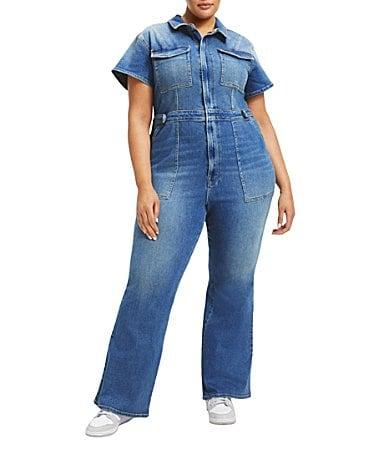 Good American Plus Size Fit For Success Short Sleeve Point Collar Straight Leg Stretch Denim Jumpsuit Product Image