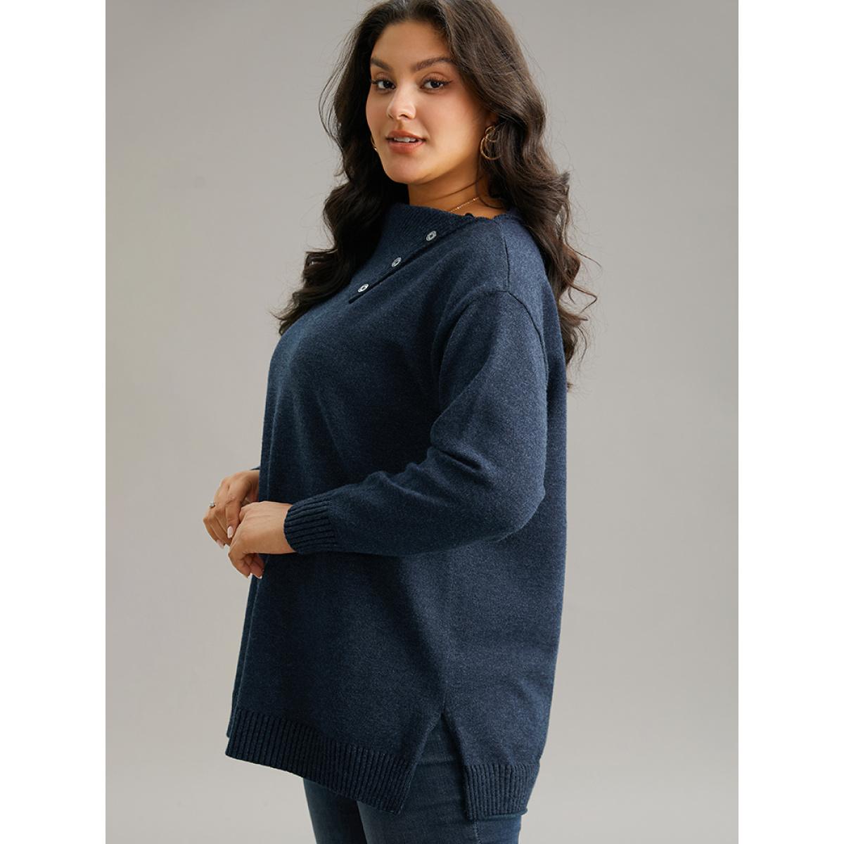 Plus Size Supersoft Essentials Asymmetrical Neck Button Detail Pullover Midnight Women Leisure Loose Long Sleeve Asymmetrical Neck Casual Pullovers BloomChic 30/6X Product Image