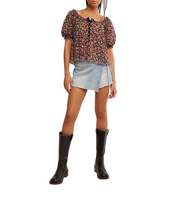 Free People Astra Peasant Floral Print Scoop Neck Short Puffed Sleeve Knit Top Product Image