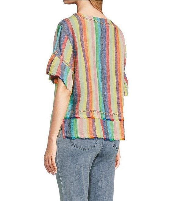 John Mark Petite Size Embroidered Yarn-Dye Stripe Crew Neck Short Ruffle Hi-Low Hem Top Product Image