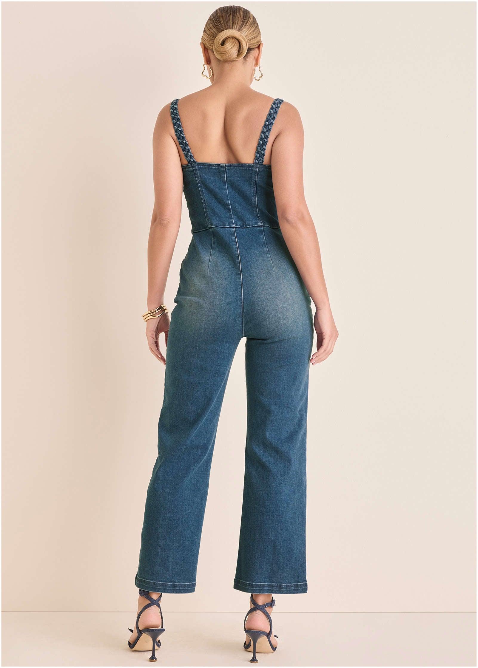 Braided Strap Denim Jumpsuit - Medium Wash Product Image