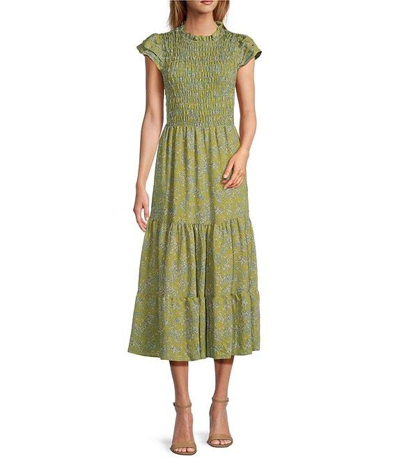 Sam Edelman Matilda Chiffon Round Neck Ruffle Sleeve Smocked Tiered Midi A-Line Dress Product Image