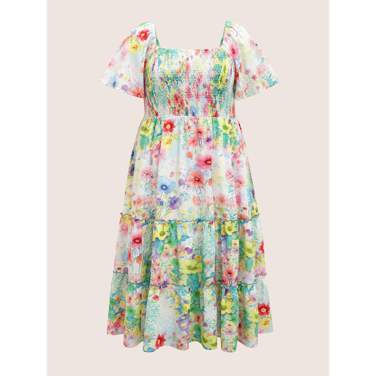 Plus Size Square Neck Floral Shirred Ruffle Layered Hem Dress Originalwhite Women Elegant Shirred Square Neck Short sleeve Curvy BloomChic 22-24/3X Product Image