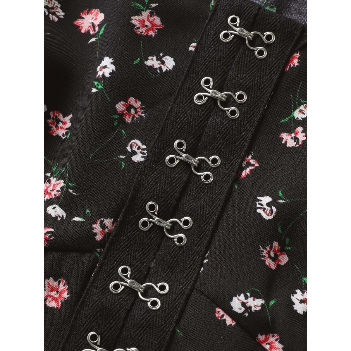 Plus Size V Neck Ditsy Floral Buckle Detail Tank Top Women Black Elegant Gathered V-neck Everyday Tank Tops Camis BloomChic 28/5X Product Image