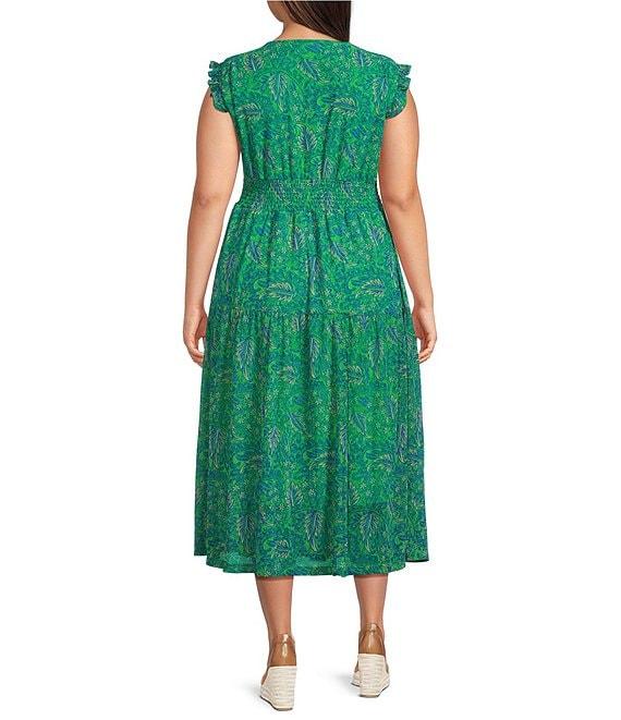 Calessa Plus Size Mesh Knit Vintage Leaf Print Plunge V-Neck Cap Sleeve Fit & Flare Midi Dress Product Image