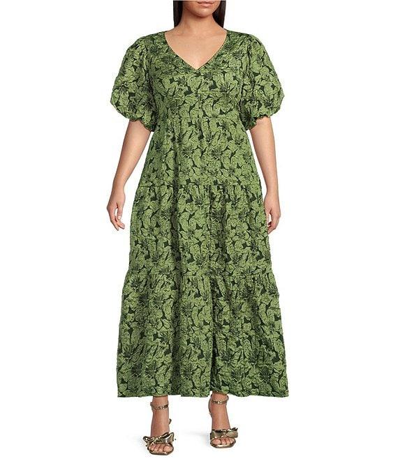 Sugarlips Plus Puffed-Sleeve Floral Jacquard Tiered Long Dress Product Image