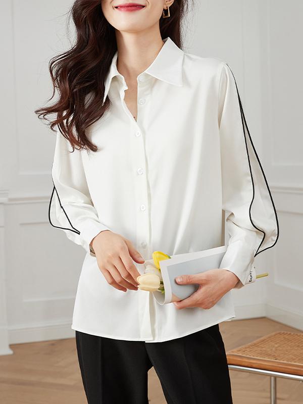 Long Sleeves Loose Buttoned Contrast Color Lapel Blouses&Shirts Tops Product Image