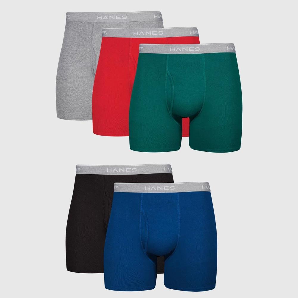 Hanes Men's Boxer Briefs 5pk - Red/Gray/Green L: Tagless, Breathable, Moisture Wicking, Lightweight Cotton Blend, Machine Washable Product Image